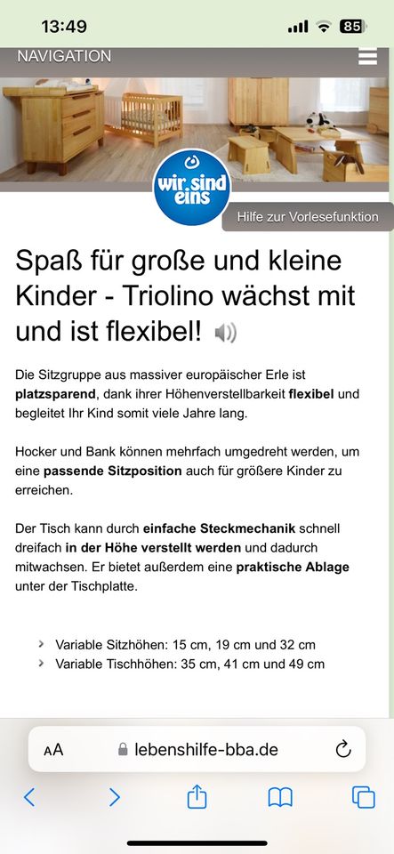 Triolino Kindertisch mit drei Stühlen aus Erle in Ahrensburg