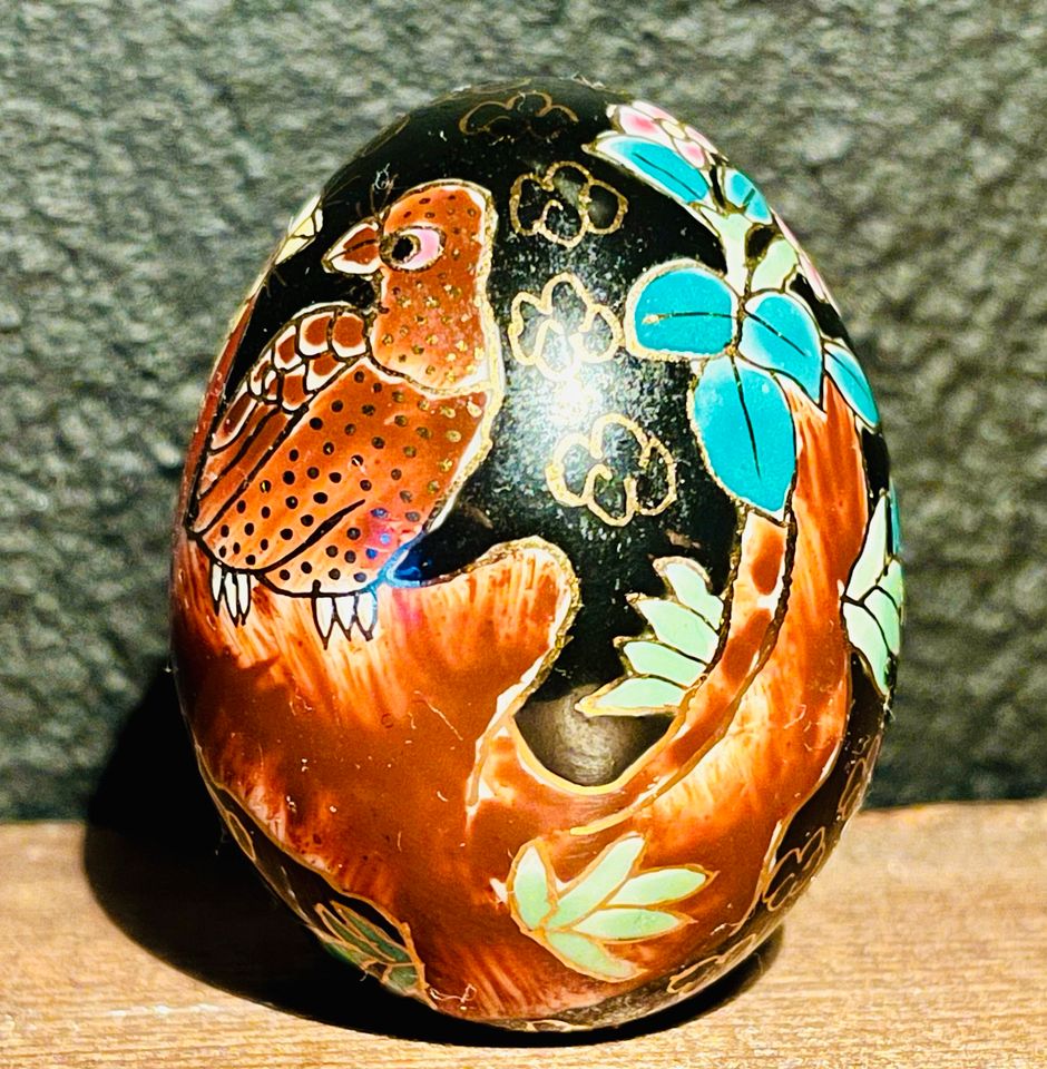 Vintage Cloisonne Ceramic Enamel Egg Black with 2 Birds & Florals in Lechbruck