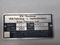 Typenschild Simson KR50 KR51 Plakette 230kg 260kg IFA VEB Gravur Sachsen - Jöhstadt Vorschau