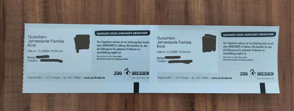 2 Jahreskarten ZOO Dresden Kind Ticket - Preis/Stk in Dresden