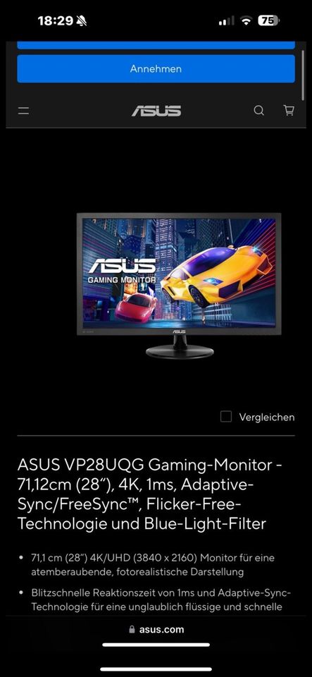 ASUS VP28UQG Gaming-Monitor - 71,12cm (28“), 4K, 1ms I Kein Fuß in Bestensee