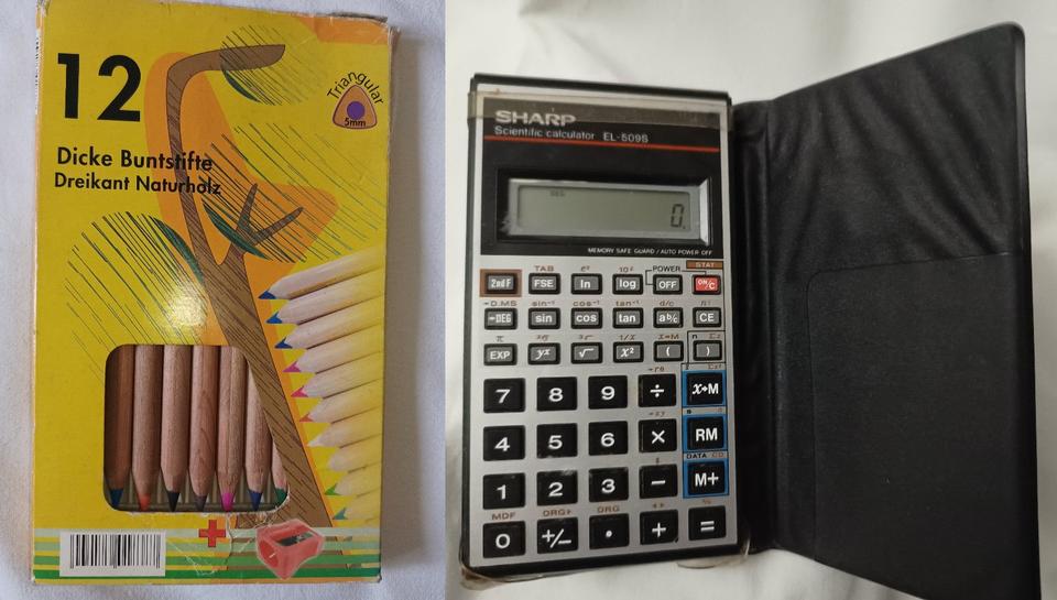 Taschenrechner + dicke Buntstifte 5mm Naturholz Dreikant Spitzer in Stuttgart