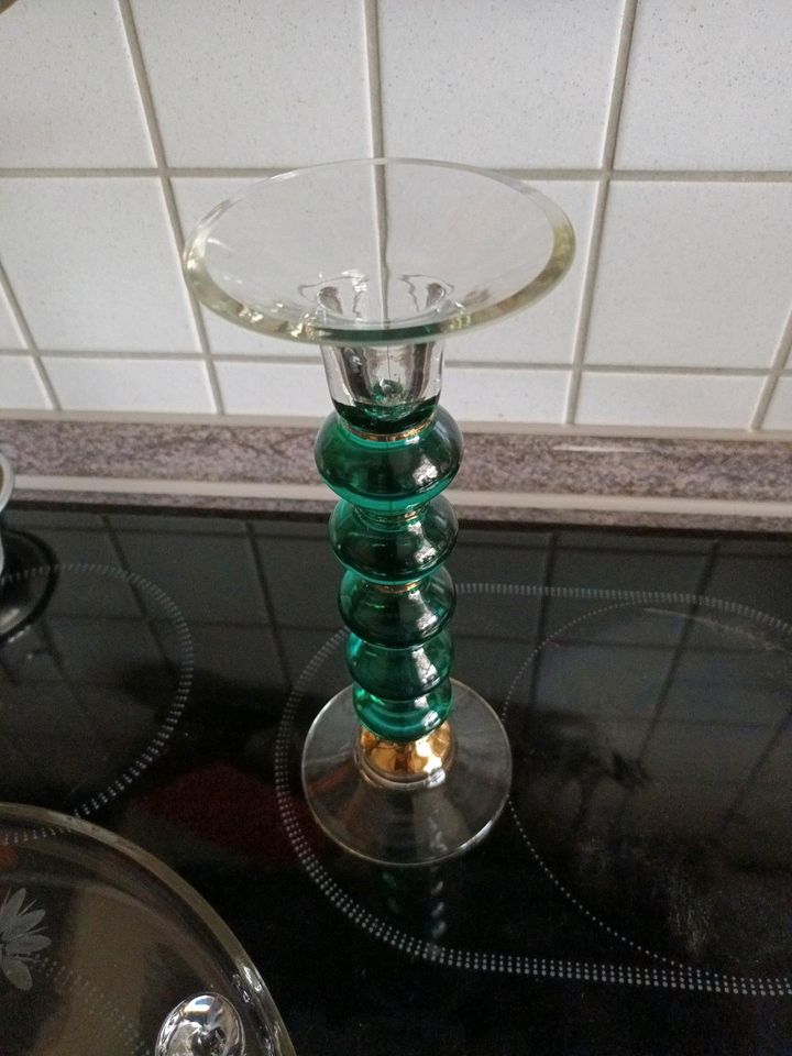 Kerzenständer Glas grün/klar/gold 24 cm hoch ohne Makel! in Kölleda