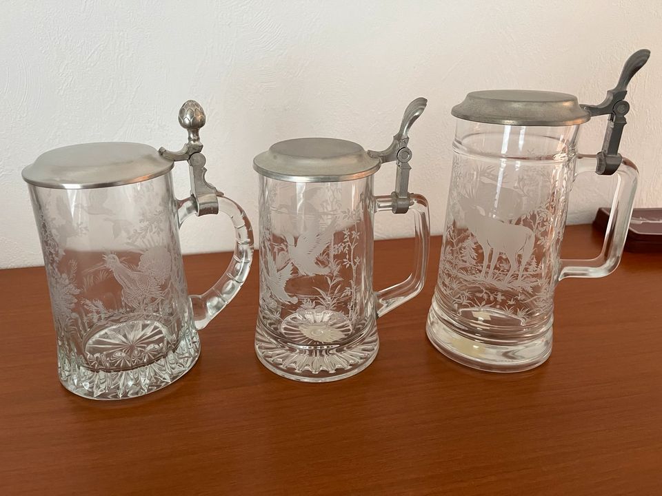 Retro Bierglas mit Deckel/ Bierkrug geschliffen mit Waldmotiv 3St in Bobitz