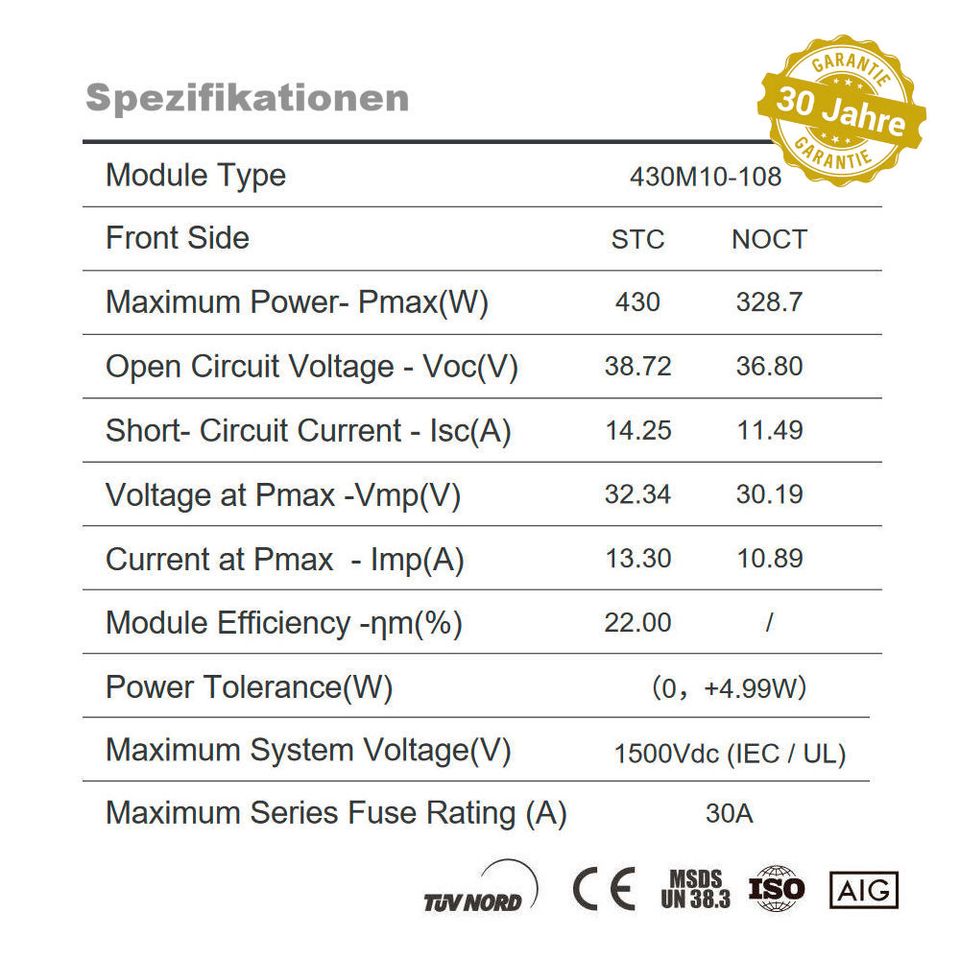 430W Bifacial TOPCon Glas-Glas N-Type Solarmodule PV Modul in Lübeck