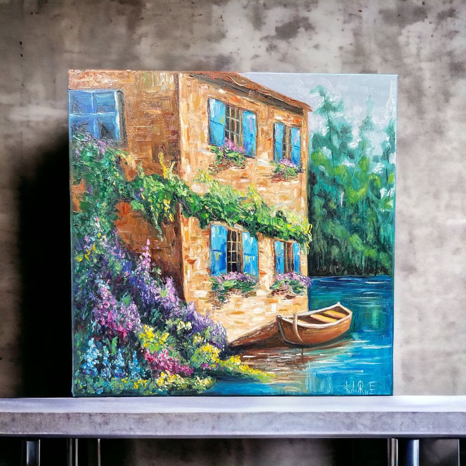 Ölgemälde «Haus am See» 60x60cm - Unikat - handgemalt in Holzgerlingen