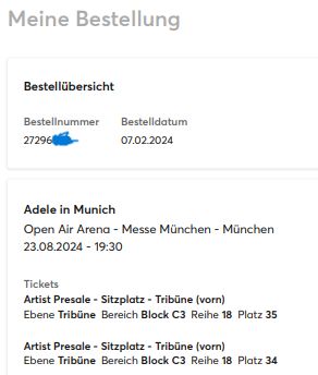 2x Adelle Tickets C3 Reihe 18 23.08.2024 in Detmold