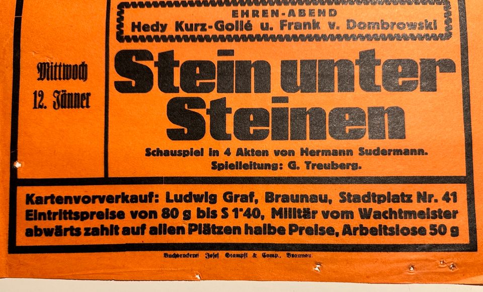 Altes Plakat Braunau am Inn Theater Militaria Weltkrieg Fund in Hagen