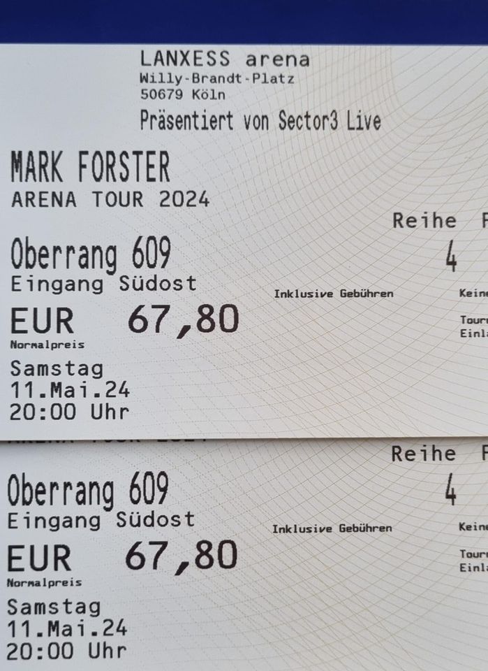 Biete 2x Tickets Mark Forster Köln 11.05.24 Sitzplätze Karten in Köln