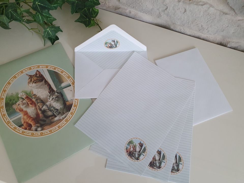Briefpapier Katzen, 8 Briefbogen und 9 Umschläge, Vintage in Pulheim