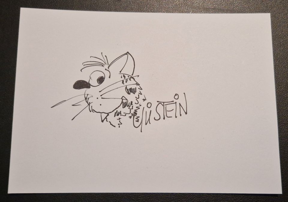 Autogramm Uli Stein Zeichnung Säbelzahn-Katze auf Karteikarte in Berlin