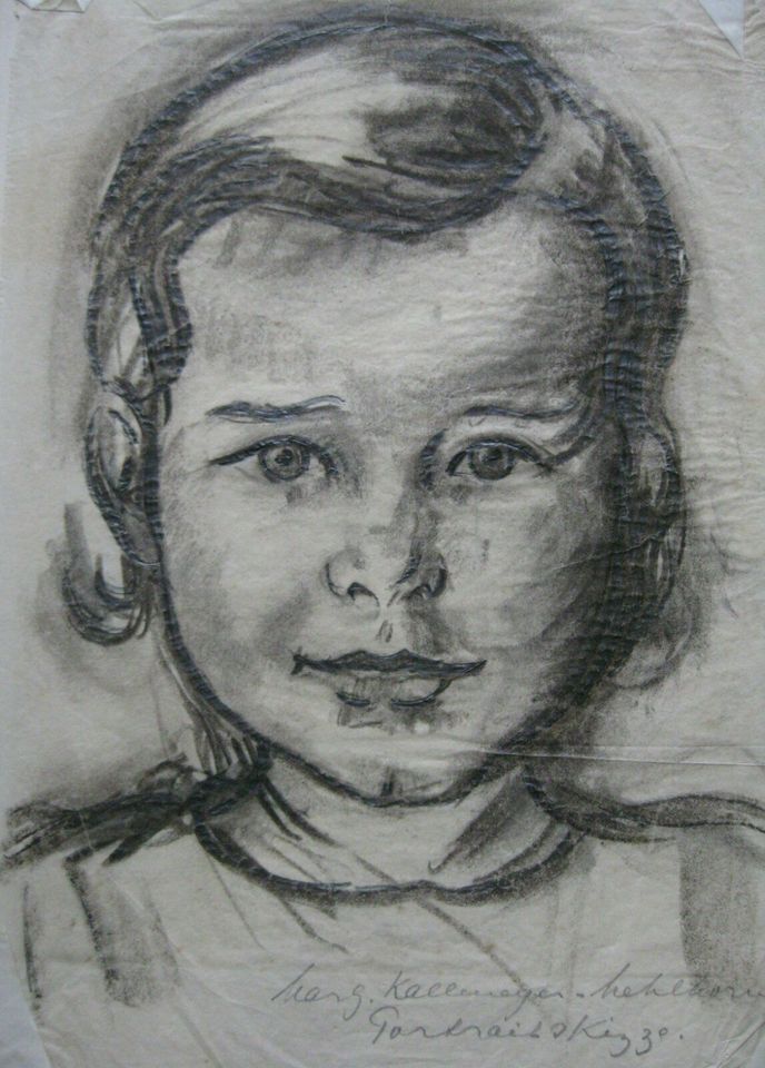 Hübsche original Zeichnung "Kinder-Portrait" Kohle/Bleistift alt in Heiningen