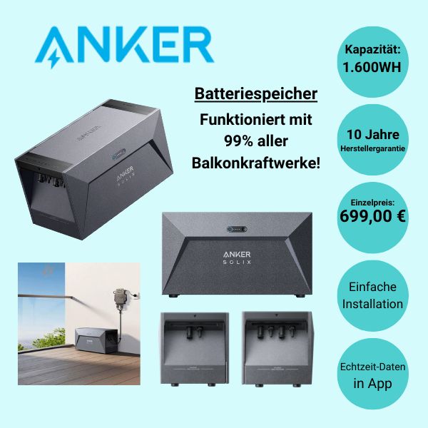 TOP-Seller!!! Balkonkraftwerk - Komplettset 870w inkl. Batteriespeicher 1,6 kWh - Solarmodul JA Solar JAM54D41 435w bifacial Glas-Glas; Solarspeicher ANKER Solix E 1600; ANKER MI80 Wechselrichter in Heinsberg