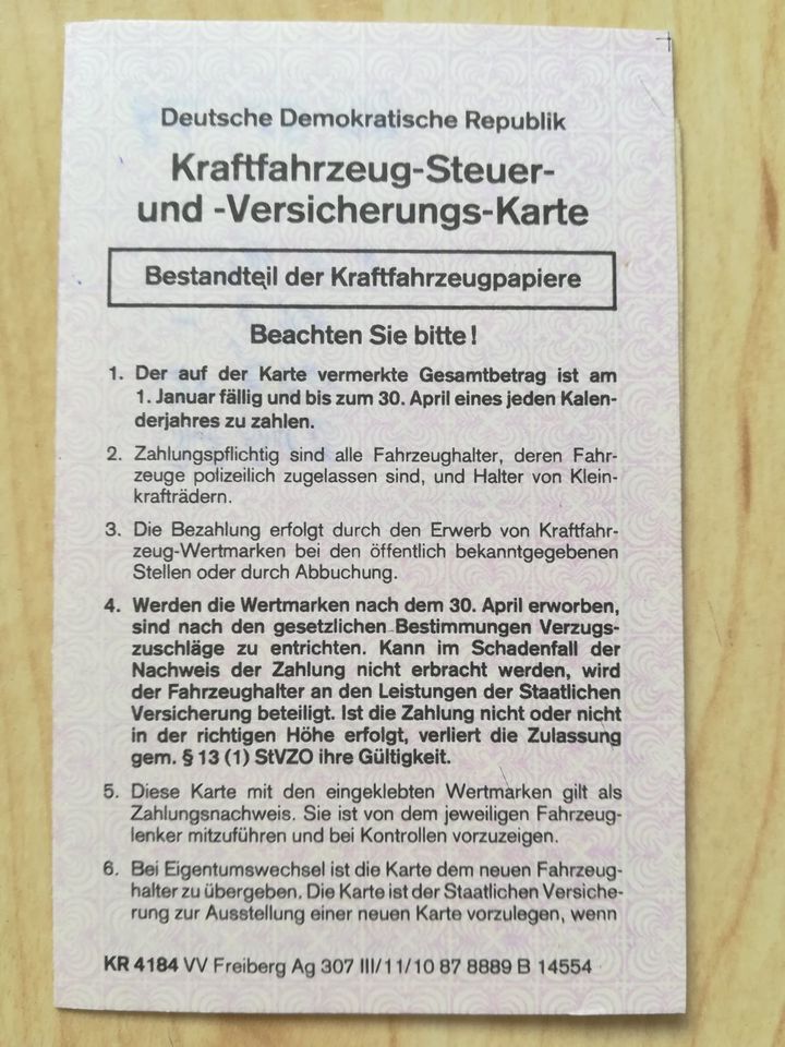 DDR KFZ-Brief Trabant Steuer Versicherungskarte Entwertet in Hamburg