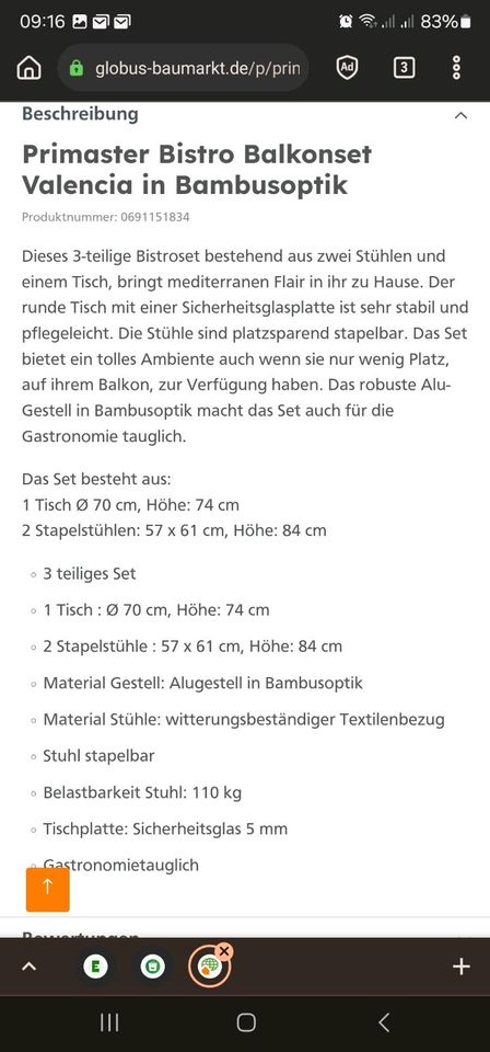 Bistrotisch + 2Stühle neupreis 230€ Gartenmöbel original Verpackt in Hemmingen