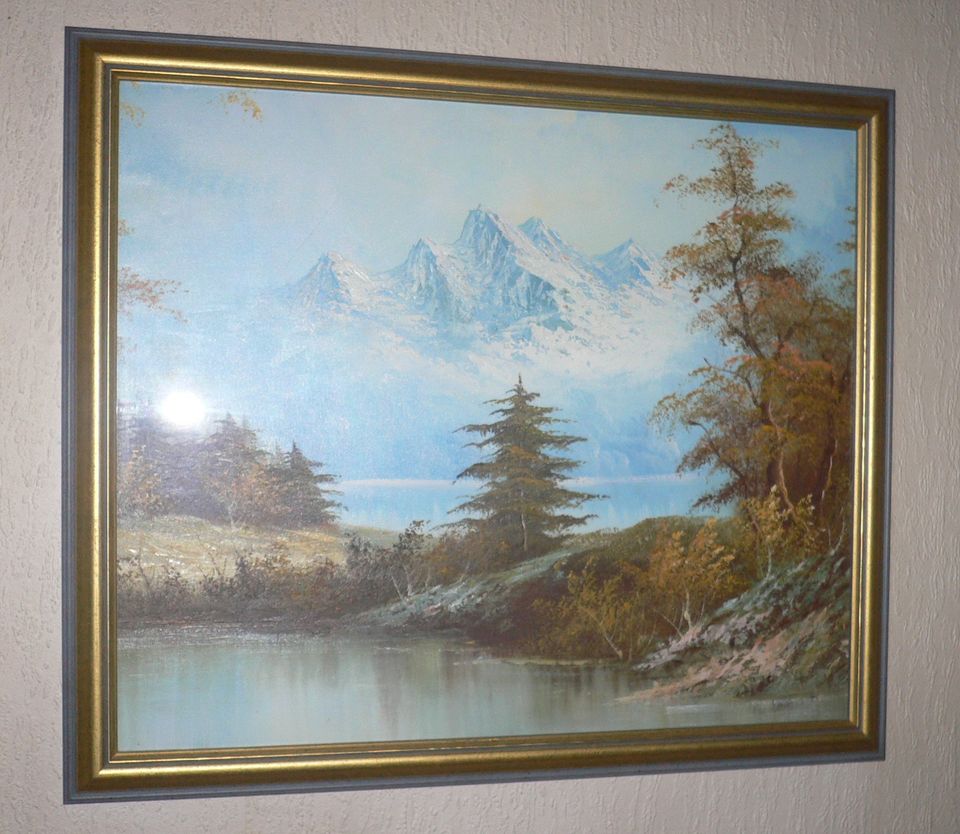 Ölbild auf Leinwand mit Holzrahmen+Glas, Landschaft Gebirge See in Burk