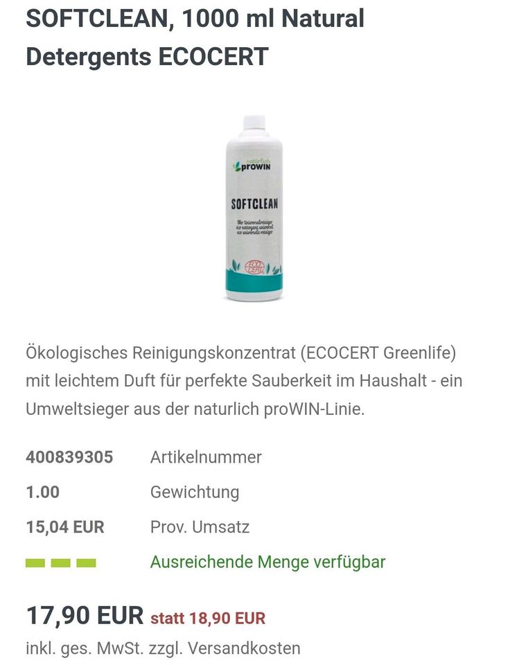 ProWin Softclean 1000ml Konzentrat neu und unbenutzt in Ostrach