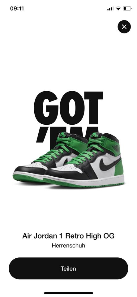 Nike Air Jordan 1 Retro High OG Lucky Green US10.5/EU44.5 in Leipzig