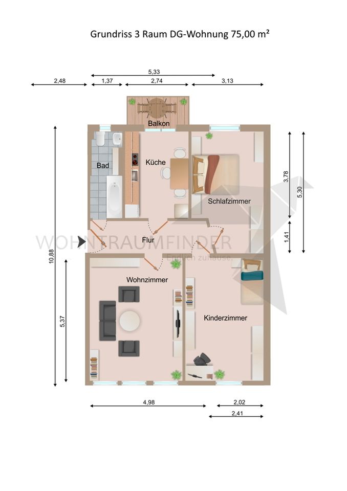 Romantische 3 Raum DG-Wohnung mit Einbauküche und Balkon mit toller Aussicht in C-Hilbersdorf in Chemnitz