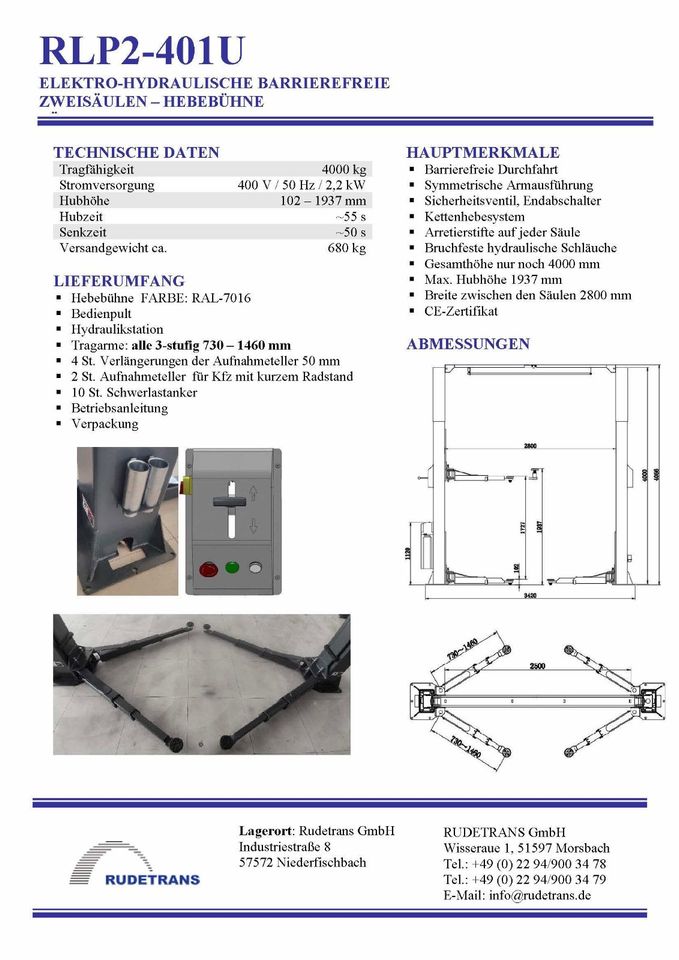 2 Säulen Hebebühne RLP2-401U BARRIEREFREI Alle Arme 730-1460 mm in Ebern