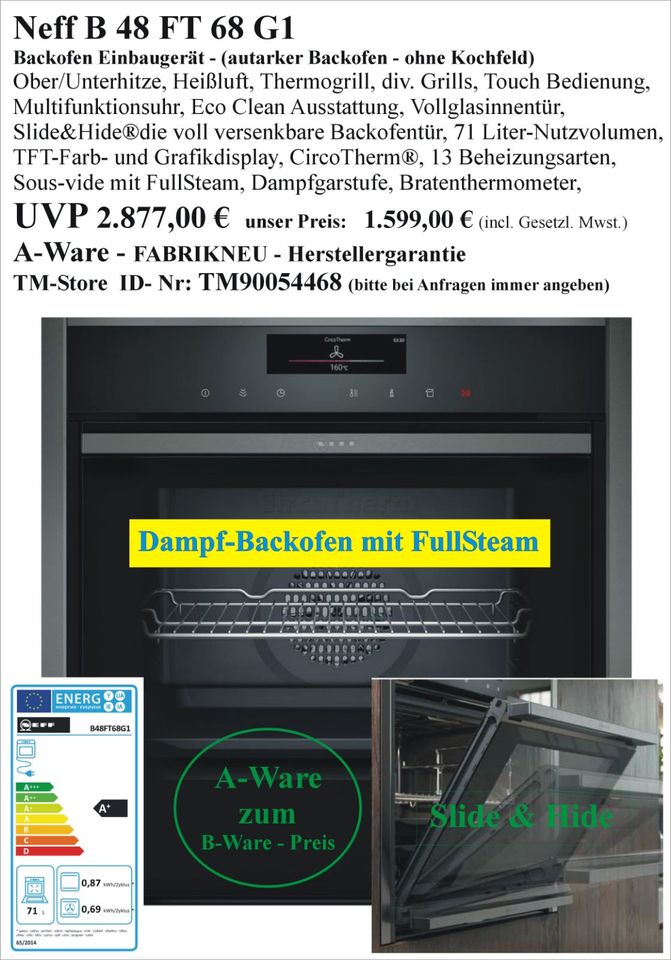 Backofen NEU als B-Ware autark Einbau Einbaubackofen auch Neff usw. Multifunktionsbackofen Multi Multifunktion Slide hide Kompakt Dampf Stecker Steckdose Gas Gasbackofen in Wolfhagen 