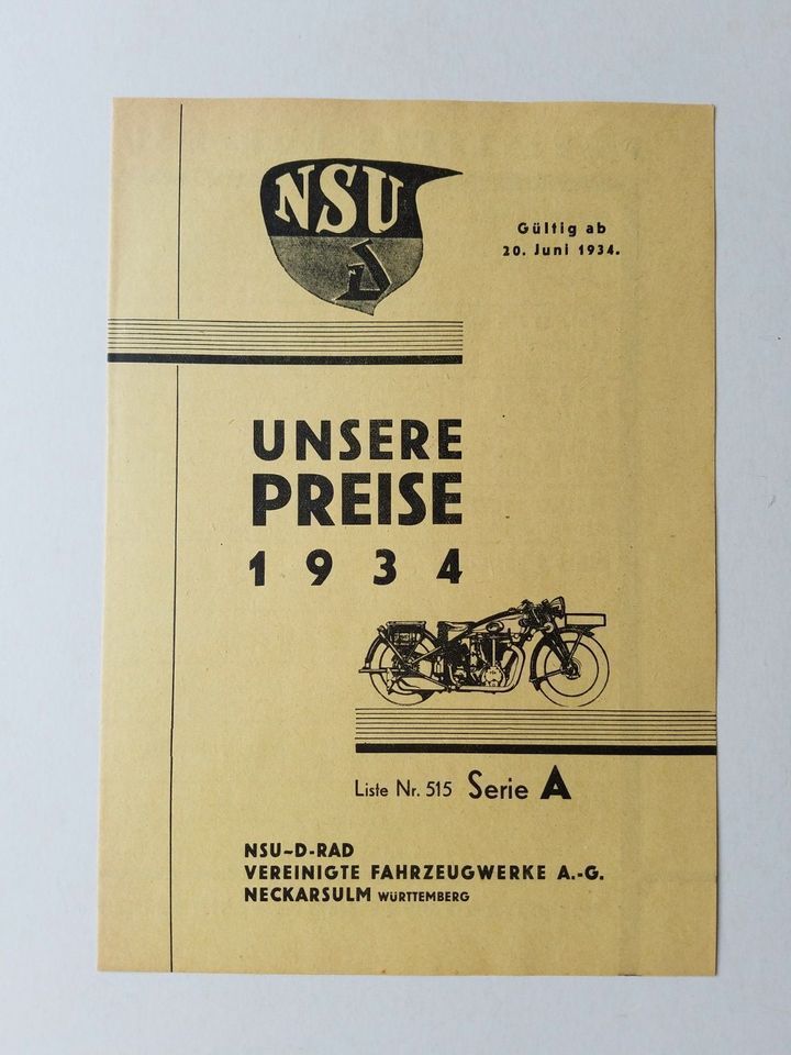 NSU D-Rad Preisliste Nr 514 Serie A vom 1. März 1934 in Schwarzenbach am Wald