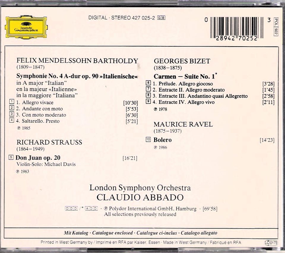 CD Abbado dirigiert Bolero, Carmen-Suite, Don Juan, Ital. Symph. in Berlin