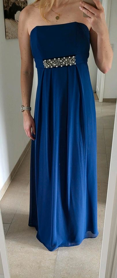 Bodenlanges schulterfreies Abendkleid blau mit Perlen Gr. XS in Sassenberg