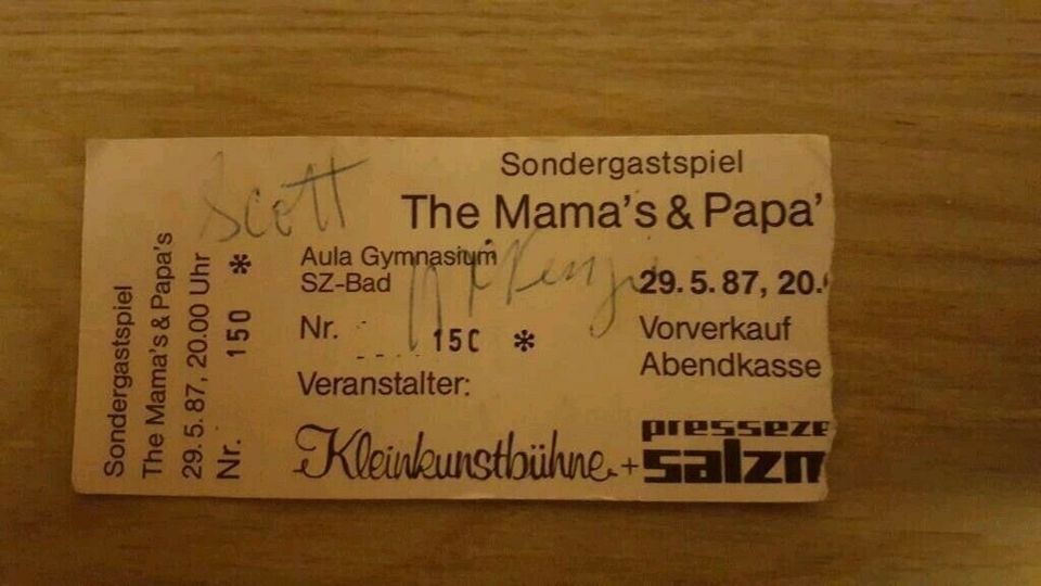 2 Scott McKenzie Autogramm Eintrittskarte The Mama's & Papa's 87 in Goslar