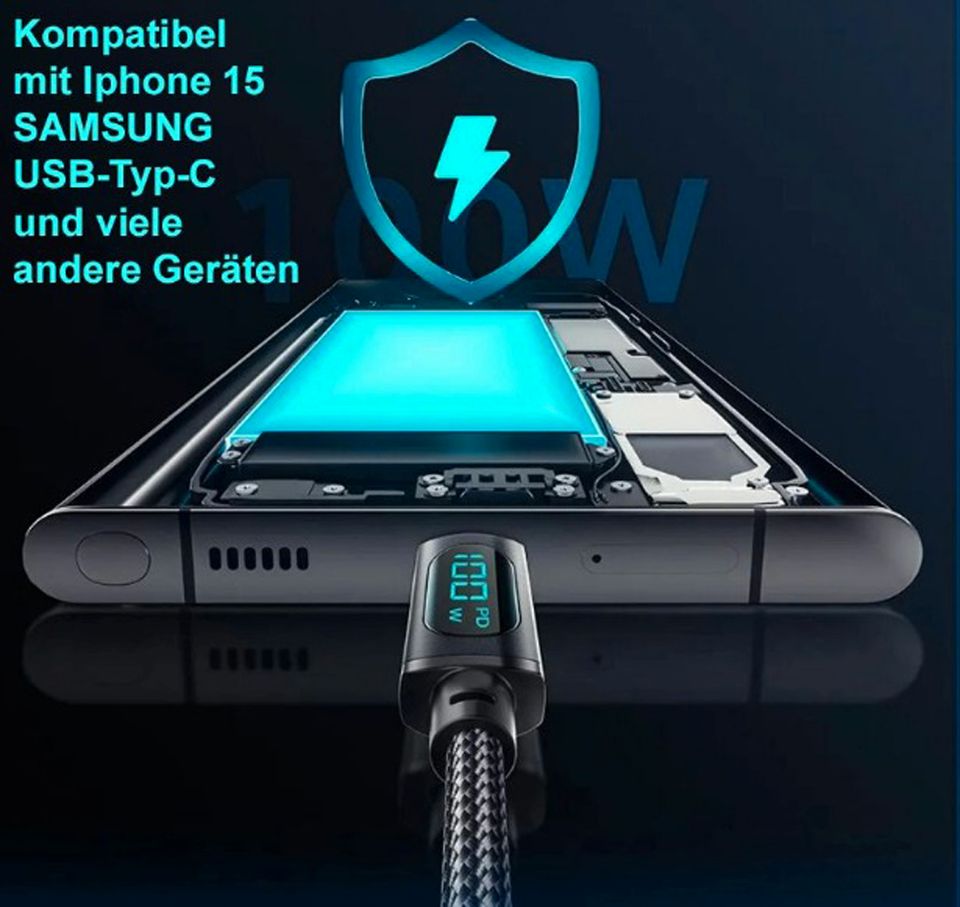 100W Typ-USB schnell Ladekabel Digi-LED-Indikator z.B. IPHONE 15 in Gladbeck