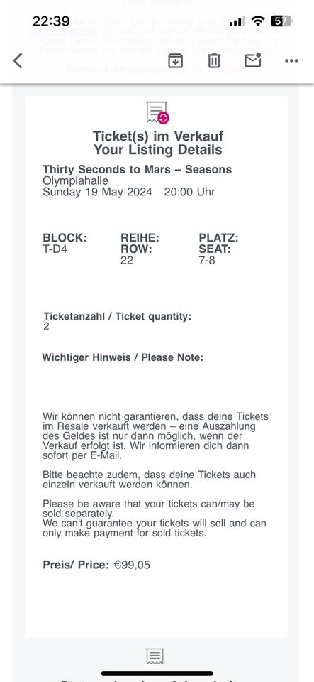 2x Tickets 30 Seconds to Mars 19.05.2024 München Olympiahalle in München