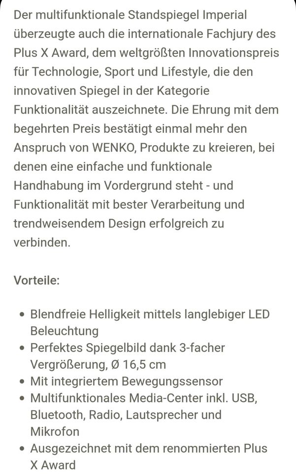 Wenko Imperial LED Kosmetikspiegel Bluetooth Mikrofon USB in Klausdorf