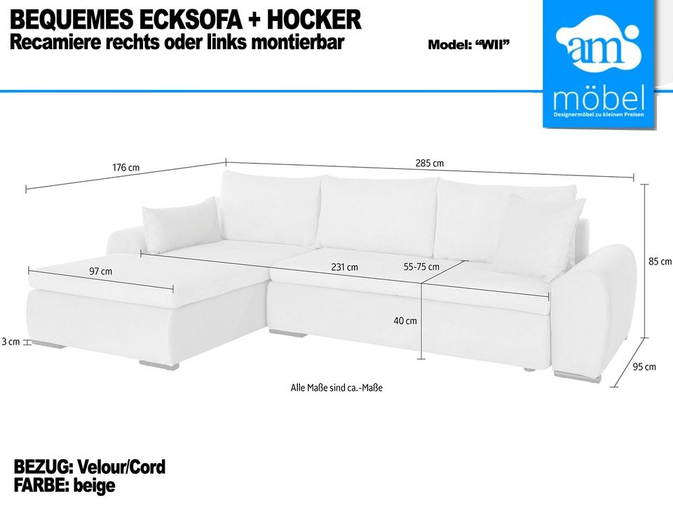 Sofa Couch Wohnlandschaft L Form + Hocker Cord-Velour  beige in Bremen