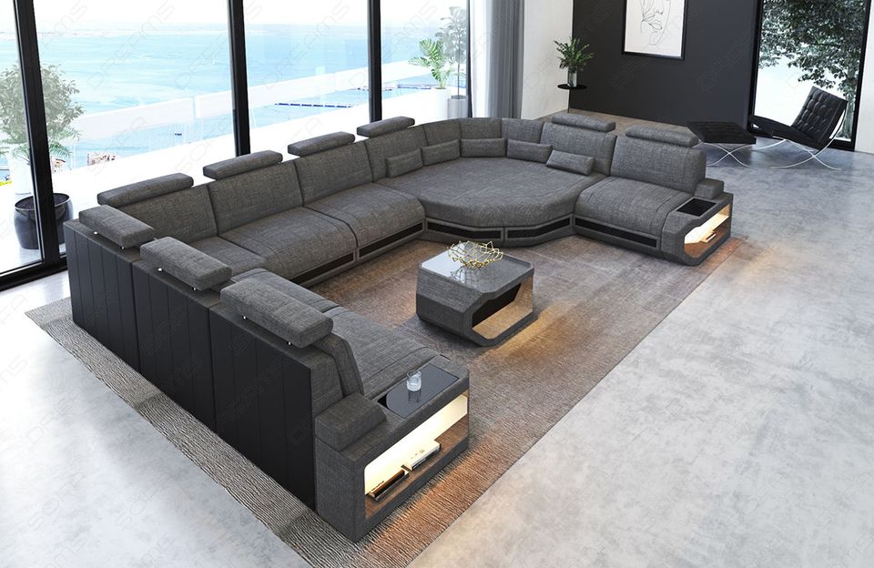 Sofa Wohnlandschaft Asti U Form mit LED Beleuchtung und Relaxecke in Berlin