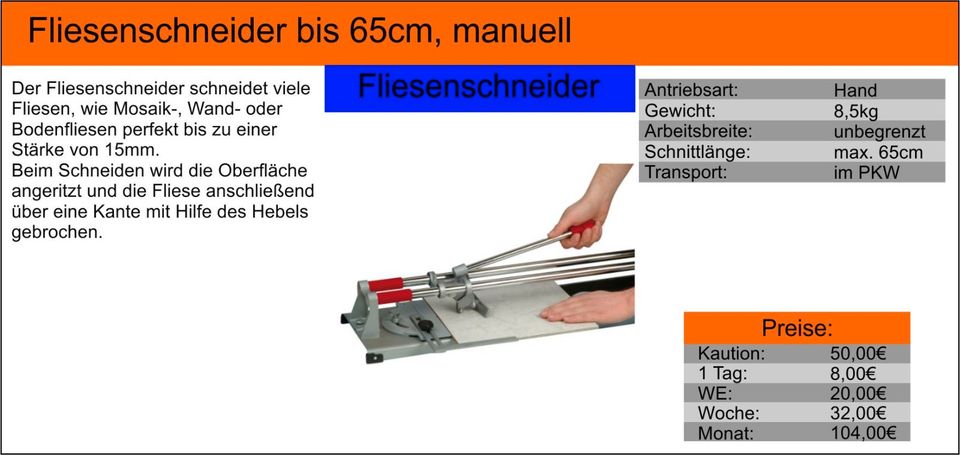 Zu vermieten: Fliesenschneider 65cm, manuell & weitere Geräte in Hemer