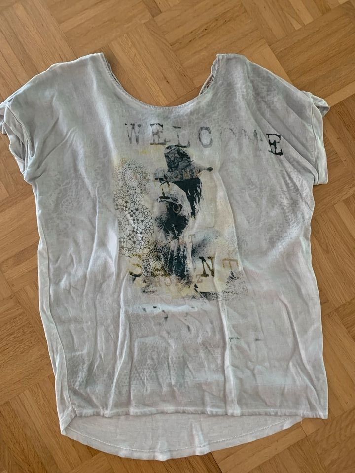 Blusenshirt Monari, grau mit Print, Gr 38, hinten Häkeleinsatz in Kassel