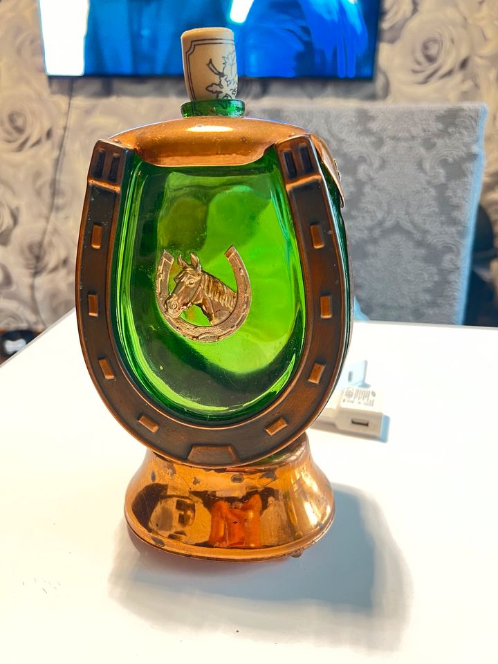 Vintage Horseshoe Decanter, copper/brass , green glass, musical. in Hamm