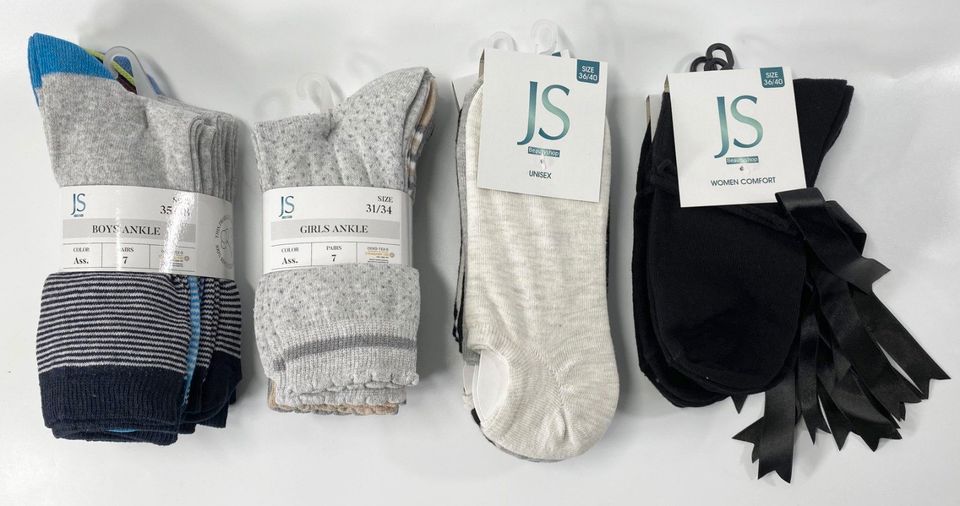 ca. 26.040 Paar Oeko-Tex Socken Mix Großhandel für Jungen u. Mädchen, Socke, Unterwäsche, Unterbekleidung, VE 7 Paar je Packung, für Wiederverkäufer, Gr. 31-38, A-Ware, Restposten in Tanna