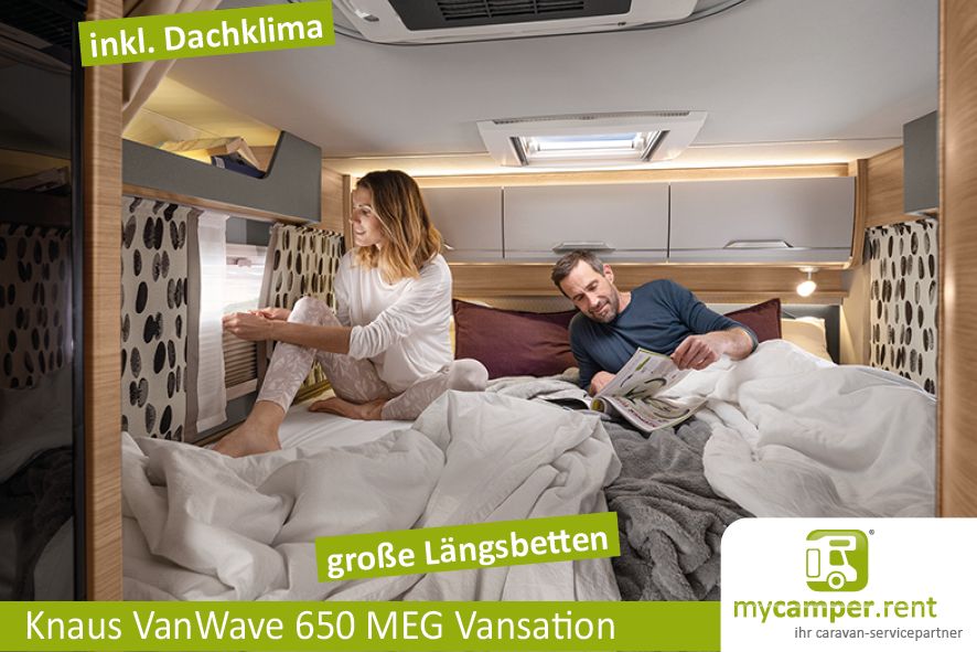 2024 Knaus VanWave 650 MEG Platinum Selection mieten - Deluxe 4 Personen Wohnmobil mit Hubbett mit Automatik 177 PS Smart-TV, Autark-Solar Paket, Fahrradträger mit Dachklima mit VW Crafter leihen. in Kerken