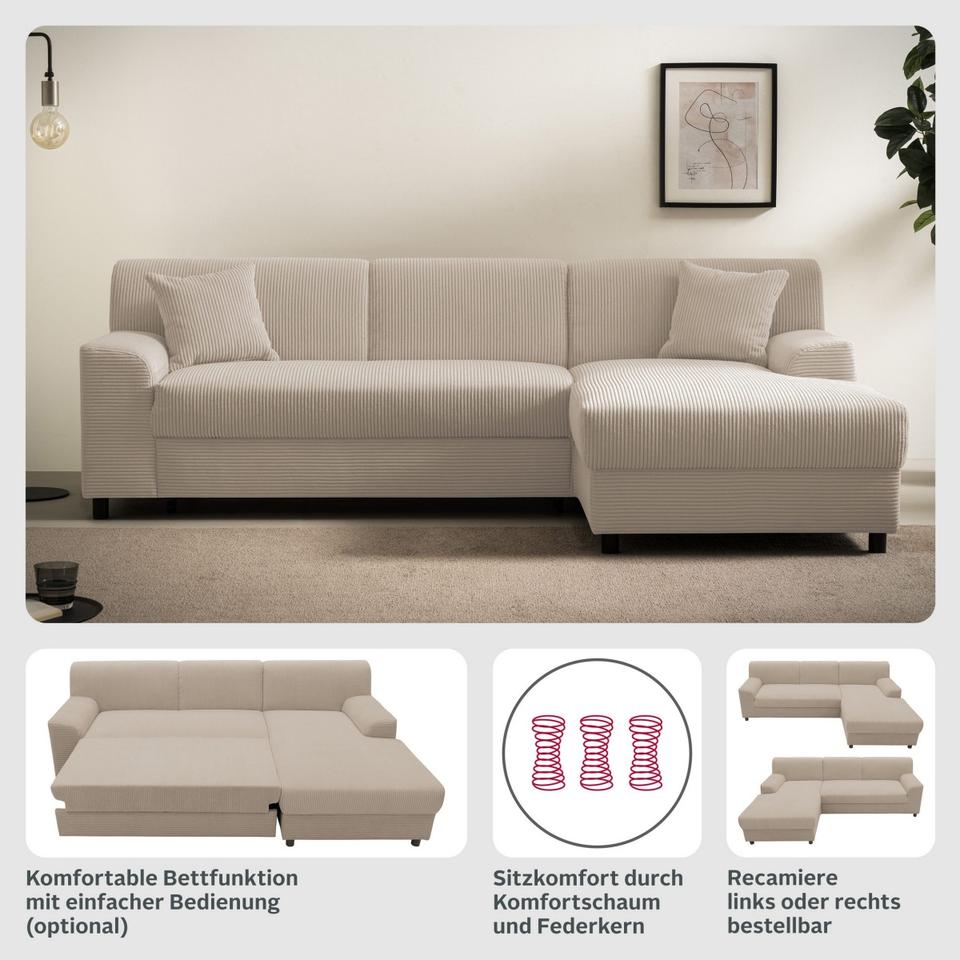 Kleines Ecksofa Cord Dunkel Beige Schlaffunktion Federkern 241cm in Köln