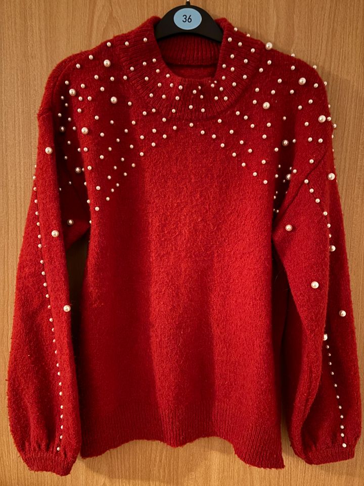 Strickpulli rot Perlen Pullover Pailletten Gr. L in Königsbrunn