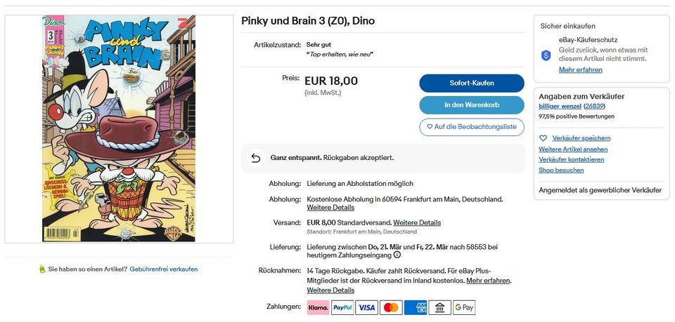 Comic Pinky und Brain von Dino Mai 99 sehr gut erhalten in Halver