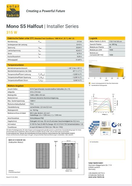 SolarFabrik 315W Mono S5 Halfcut Installer Series, Doppelglas Solarmodul, bifazial (ab 90,-€/St.) in Leipzig