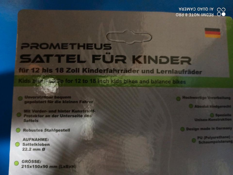 Sattel Prometheus Hawk Kinderfahrrad Laufrad ORIGINAL VERPACKT in Rühen