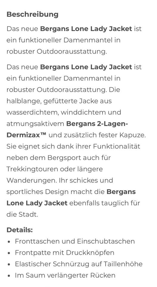 Bergans Lone Lady Jacket Jacke Parka Gr.M 40 in Hopsten