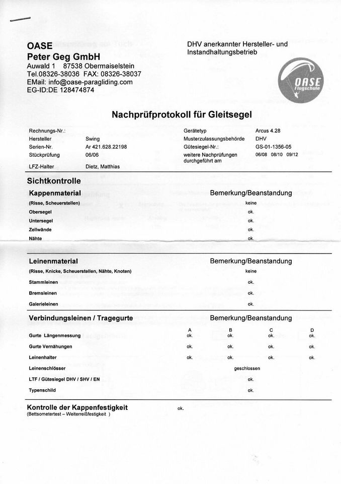 Gleitschirm Swing Arcus 4.28 in sehr gutem Zustand + div. Zubehör in Schopfheim