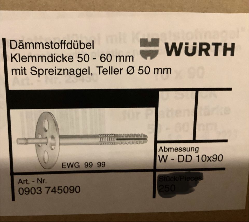 85 Stück Würth Dämmstoffdübel Klemmdicke 50-60mm mit Spreiznagel in Unterleinleiter