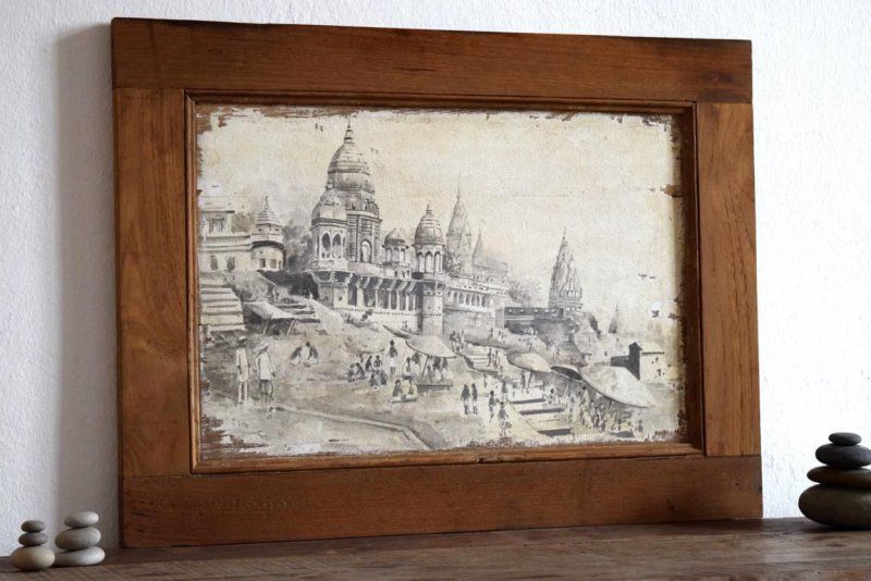 Gemälde handgemalt Varanasi Bild Indien Wandbild 45 x 60cm Holz in Dresden