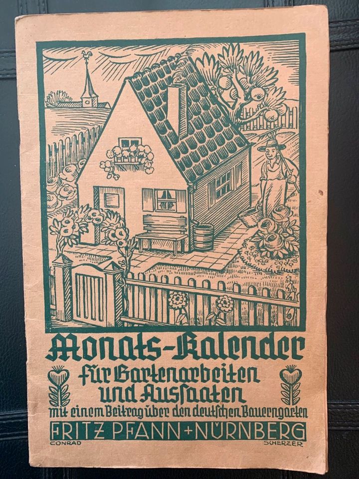 Fritz Pfann Nürnberg Monats- Kalender 1936 für Gartenarbeiten in Wertheim