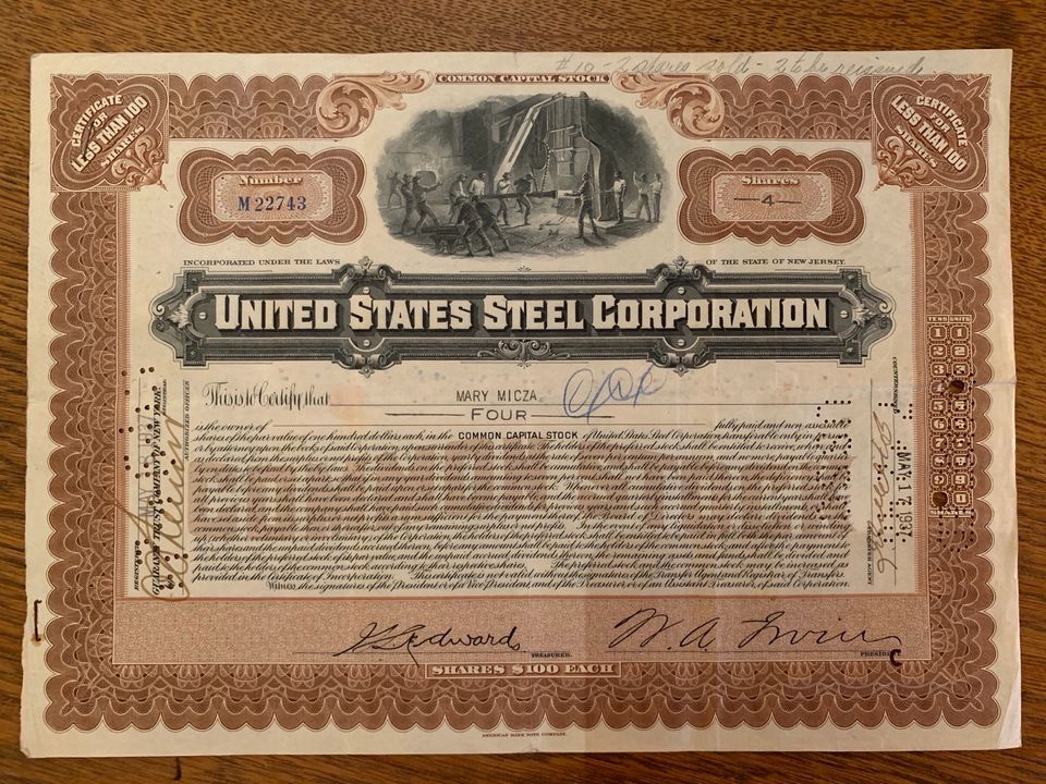 Histor. Wertpapier / Aktie, United States Steel Corporation 1937 in Hamburg